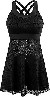 [JadeRich] Women's Crochet Lace Tankini Swimwear Set 2-Piece Bathing Suit Hollow Criss Cross Back Swim Dress, Black, Large