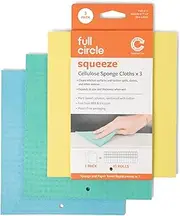 [Full Circle] Squeeze Cellulose Sponge Cloths | | Durable and Reusable | Household Cleaning Cloths | Microwave and Dishwasher Safe | Set of 3 | Green, Blue, and Yellow | 7.09" x 7.87"