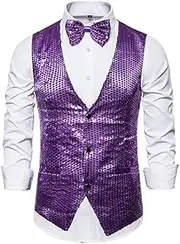 [HEYDHSDC] Men'S Gold Sequin Vest Single-Breasted V-Neck Sleeveless Vests Coat,Wedding Party Waistcoat Purple Xxl