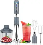 Cordless Hand Blender: 4-in-1 USB Rechargeable Immersion Blender, 21 Variable Speeds & 3-Angle Adjustable with 700ml Chopper, 700ml Beaker, Egg Whisk and Beater for Smoothies, Soup, Baby Food (Grey)