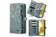 CaseMe For Samsung Galaxy S22 Plus Zipper & Detachable Retro Leather Pouch Wallet Flip Purse Bag Detachable Phone Case Cover (Sky Blue)