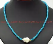Natural 2x4mm Faceted Blue Aquamarine Gemstone Beads Baroque Pearl Neckalce 20"