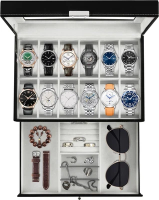 12 Slot PU Leather Lockable Watch Storage Box, Black Men & Women Jewelry Display