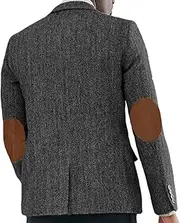 [VENNYNG] Men's Tweed Herringbone Blazer Jacket with Faux Suede Elbow Pads Vintage Single Breasted