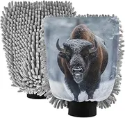 XYMZR Bison Snow Forest Absorbent Microfiber Car Wash Mitt, Funny Cute Anime Scratch Free for Cars Cleaning, Home Cleaning Mitts, 2 Pack, 10.24” L x 7.09” W