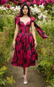 [Lena Hoschek] Swoon Silk Tie-Detailed Peasant Midi Dress