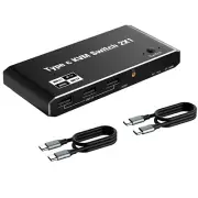USB C KVM Switch 100W PD Charging Port Switcher 2x1 8K For 2 Laptop 1 Monitor