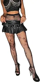 [Aesphelia] Women's Star Moon Patterned Fishnet Stockings Sexy Mesh Pantyhose Hollow out Black Fashion Tights