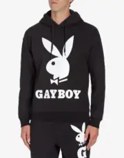 $470 AW19 MOSCHINO Couture Jeremy Scott PLAYBOY GAYBOY BLACK HOODED SWEATSHIRT