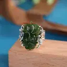 Solid 925 Sterling Silver Natural Green Jade Fish Women Ring Adjustable 6-8