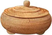 Round Rattan Boxes with Lid Hand-Woven Tray 8.6In Picnic Storage Basket 22x13cm