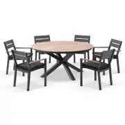 Tuscany Round 1.5m Outdoor Aluminium and Teak Dining Table with 6 Capri Chairs 6 Seats - Charcoal - Denim Grey