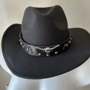 Women Men Wool Blend Wide Brim Western Cowboy Hat Cowgirl Cap Black Leather Belt