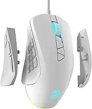 ROYALAXE Wired Gaming Mouse with Side Plates, MMO Mouse with 14 Programmable Buttons, Ergonomic Gaming Mouse with 2 Grip Plates, Computer Mouse with Max 12,400 DPI, RGB Lighting, White