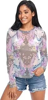 [RPLIFE] Unicorn Head Flowers Womens Mesh Sleeve Top, Long Sleeve Sheer Tops for Women S-XXL