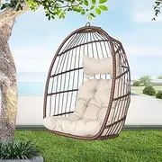 BULEXYARD Hanging Egg Chair Without Stand 350lbs Capacity, Brown Wicker Swing Egg Chair with Beige Cushion for Indoor/Outdoor Patio Porch Balcony, Foldable Hammock & Tree/Ceiling/Beam Mount