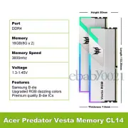 Acer Predator Vesta RGBGaming 16GB(8GBx2) RAM Memory Card 3600MHz DDR4 CL14 CL16