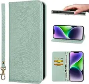 NanHou iPhone 14 Plus Case Microfiber Leather RFID Blocking Wallet Magnetic Closure Kickstand Wrist Strap Card Holder Shockproof Flip Cover - Light Green