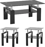 IANIYA Modern Tempered Glass Coffee Table Set - 3 Piece Living Room Table Set - Sleek Design, High Capacity (3, Black)