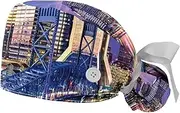 [WOSHJIUK] Working Hat 2 Pack Scrub Caps for Women,Urban Cityscape Bridge Office Buildings,Tie Back Cap Adjustable Scrub Hat