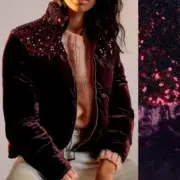 NWT Anthropologie Maeve Vera Sequined Velvet Puffer Red Wine Sparkle Jacket XS