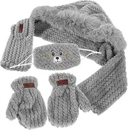[WOFASHPURET] 1 Set Bear Ear Cap Scarf Mask and Gloves Set Windproof Warm Outdoor Gear for Cycling Hiking Soft Fleece Lined Stylish Protection Against Cold Grey