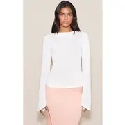 White Textured Extreme Flute Sleeve Long Top, White