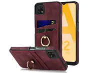 Full Protection Cover for Samsung Galaxy A22 5G (Not for 4G), 2 Cards PU Leather Case with Ring Holder - Dark Red