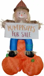 7 1/2' Inflatable LED Thanksgiving Scarecrow sitting on Pumpkin w/ Banner Yard