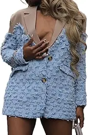 [Vaceky] Womens Denim Oversized Blazers Patchwork Plaid Fringe Jean Suit Jackets