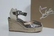 New sz 7 / 37 Christian Louboutin Amelina Silver Biscot Platform Wedge Shoes