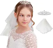 Lovelyshop White Short Veil and Silver Tiara Comb Set for Teenager and Woman in Eucharist