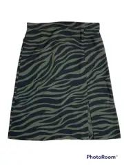Ann Taylor Women's 14 Midi A Line Skirt Zebra Print Green Black Lined Side Slit