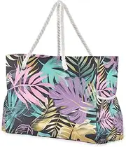 [Yoogain] Pastel Color Tropical Leaves Portable Travel Bag Tote with side pocketes Bags And Totes Perfect for Travel Pool Swim Beach Vacation Necessities, Pastel Color Tropical Leaves, 1 size