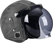 Vintage Motorcycle 3/4 Open Face Helmet, Retro DOT/ECE Approved Leather Motorcycle 3/4 Half Helmet with Bubble Mirror, Men Women Classic Helmet A,M=55-56CM