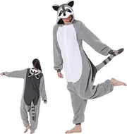[Hemore] Unisex Plush Hooded Raccoon Onesie With Tail - Adult Winter Warm Costume Pajamas for Women and Men