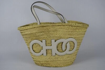 NEW Authentic JIMMY CHOO Med Beach Basket Bag Raffia Leather Logo Milk Natural