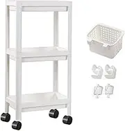 3-Layer Storage Rack with Roller Wheels&Hanging Basket, Bathroom Floor Storage Cart, Roller Trolley Cart for Kitchen and Coffee Bar (White)