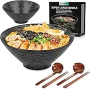 Ceramic Japanese Ramen Noodle Soup Bowl, 2 Sets (6 Piece) 60 Ounce, with Matching Spoon and Chopsticks for Udon Soba Pho Asian Noodles, Large