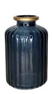 Gold Ringed Top/ Blue Ribbed Glass Bottle / Vase / Diffuser H = 4 inches