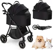 3 in 1 Folding Pet Stroller for Small/Medium Dogs and Cats With Cup Holder, Storage Basket, Removable Carrier - 4 Wheels Puppy Carrier