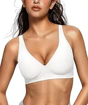 [OEAK] Seamless Bra Women's Without Underwire Deep V-Neck Bra Seamless Push Up Padded Non-Wired Bustier Comfortable T-Shirt Bra Soft Sleep Bra, White, L