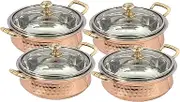 Aakrati HANDICRAFT Pack of 4 Indian hammered copper stainless steel serving bowl for food soup with handle and glass lid decorative seveware Size -6 Inch