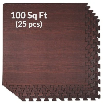 100 SqFt 3/8" EVA Dark Wood Grain Foam Floor Mat Interlocking Flooring 25 pcs