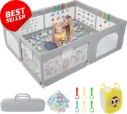Baby Playpen 200x160cm XL Non-Slip 50 Balls Pull Rings Zipper Door Gray