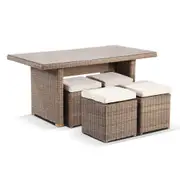 Half Round Wicker Dining Coffee Table with 4 Stowaway Ottomans - Outdoor Tables