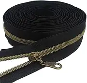 MebuZip #5 Antique Brass Metallic Nylon Coil Zippers by The Yard Bulk Coil Zipper Roll 10 Yards with 20pcs Pulls for DIY Sewing Craft Bags (Black)