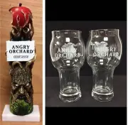Angry Orchard Hard Apple Cider Tap Handle 11" & Two/2 Angry Apple Glasses New FS