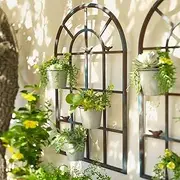Metal Wall Art, 120x80cm Large Planter Holder, Bird French Window Flower Pot, Landscape Framed Wall Mounted Home Garden Decor, Gift