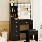 Modern Dressing Table LED Makeup Mirror Stool Set 10 Bulbs Vanity Desk Black